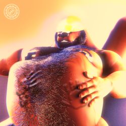 1:1 3d_(artwork) abs anthro anthro_pred belly big_belly big_bulge blender_(software) body_hair brent bulge chest_hair digital_media_(artwork) facial_hair genitals hair hand_print hi_res male male_pred mammal mephitid musclegut muscular muscular_anthro muscular_male n0rdbara nipples nude overweight overweight_male pecs skunk skunk_tail solo_focus stomach_bulge unwilling_vore vore