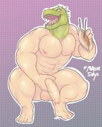 1boy animal_head balls bodily_fluids crouching cum dorohedoro for_a_head genital_fluids genitals gyoza hand_on_penis humanoid kaiman kaiman_(dorohedoro) male male_only marcelstays muscular muscular_humanoid muscular_male nipples nude open_mouth pecs penis saliva scalie solo