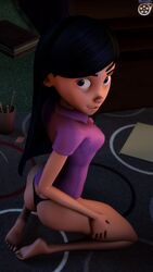 1girls 3d ass black_hair clothing darkcet disney female female_only kneeling long_hair panties pixar smooth_skin solo tagme teeth the_incredibles violet_eyes violet_parr