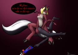 anthro big_tail black_body black_sclera blonde_hair bodily_fluids breasts cloven_hooves danaume danaume_rook dialogue digitigrade duo english_text eyebrows eyewear female female/female genital_fluids genitals glasses hair holding_leg hooves horn lying mammal mephitid multicolored_body navel nipples nude on_back open_mouth plantigrade prehensile_tail pussy pussy_juice ranged_weapon raygun red_eyes sex simple_background skunk spade_tail speech_bubble spread_legs spreading text tribadism two_tone_body ursid vaginal_penetration weapon white_body white_hair yuri