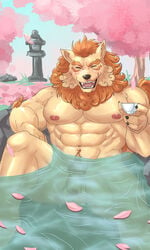 1boy 2021 3:5 5_fingers abs anthro asian_mythology balls bathing beverage biceps casual_nudity cherry_blossom cherry_blossom_tree cherry_tree claws closed_eyes detailed_background east_asian_mythology elbow_fur eyebrows fingers foo_dog foreskin fruit_tree fur genitals glans hair hi_res holding_beverage holding_object hot_spring humanoid_hands japanese_mythology komainu male male_only mammal muscular muscular_anthro muscular_male muscular_thighs mythology navel nipples nude onsen open_mouth open_smile orange_eyes orange_hair orange_pubes orange_tail partially_submerged pecs penis plant red_glans sakura sdorica skinny_dipping smile solo tan_body tan_fur thick_eyebrows toyokuni tree water weedwolf yōkai