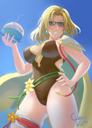 1girls alternate_costume bare_thighs blonde_hair blue_eyes breasts brown_one-piece_swimsuit brown_swimsuit cape ciderwrath coconut coconut_cup drink earrings fire_emblem fire_emblem:_the_sacred_stones fire_emblem_heroes from_below highres jewelry large_breasts looking_at_viewer looking_down medium_hair nintendo official_alternate_costume one-piece_swimsuit selena_(fire_emblem:_the_sacred_stones) selena_(summer)_(fire_emblem:_the_sacred_stones) smile solo sunglasses swimsuit thighs tinted_eyewear