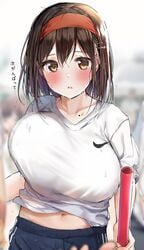 1girls 2021 bare_arms blurry blurry_background blush bouncing_breasts brown_eyes brown_hair clothing eyebrows_visible_through_hair female gym_shorts gym_uniform hair_between_eyes headband highres holding_object huge_breasts japanese_text large_breasts looking_at_viewer matching_hair/eyes mole mole_on_body navel nike open_mouth original outdoors pov pov_hands red_headband rouka_(akatyann) running shirt shorts solo_focus standing sweat sweatdrop sweating text tongue translation_request