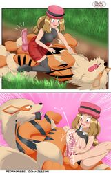 1boy 1boy1girl 1girls animal_genitalia animal_penis arcanine balls big_breasts blonde_hair blue_eyes blush breasts canine canine_penis cum cum_on_breasts cum_on_feet cumshot ejaculation erection feet feral foot_fetish footjob hat interspecies knot large_breasts long_hair nintendo nipples panties pokemon pokemon_(species) pokemon_rgby pokemon_xy pokephilia redradrebel ripped_clothing serena_(pokemon) testicles thick_thighs thighs toes video_games zoophilia