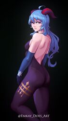 1girls ass blue_hair bodysuit emkay_does_art exposed exposed_back female ganyu_(genshin_impact) genshin_impact horn horns long_hair looking_at_viewer looking_back tasteful