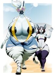 absurd_res amara_burrger anthro big_breasts bikini breasts clothing duo equid equine female genitals hi_res huge_breasts larger_female male mammal penis size_difference sling_bikini smaller_male swimwear zebra