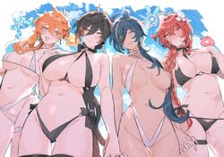 4girls belly_button big_breasts bikini black_hair blue_eyes blue_hair braid childe_(genshin_impact) curvy curvy_figure diluc_(genshin_impact) eye_patch genderswap genderswap_(mtf) genshin_impact kaeya_(genshin_impact) large_breasts long_hair looking_at_viewer midriff multiple_girls orange_hair red_eyes red_hair revision rule_63 swimsuit tabibitowayo tartaglia_(genshin_impact) thick yellow_eyes zhongli_(genshin_impact) zhongli_jiejie