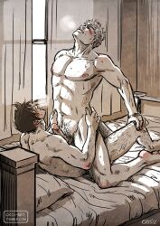 2boys anal bad_id bad_tumblr_id bara black_hair blonde_hair blush breath completely_nude couple cowgirl_position crisart erection full_body hand_on_another's_knee hands_on_another's_hips hulkling leg_hair male_focus male_pubic_hair marvel multiple_boys muscular_uke navel navel_hair nipples nude on_bed pectorals penis pubic_hair sex short_hair sideburns spot_color straddling sunlight sweat thick_eyebrows toned toned_male torogao wiccan yaoi