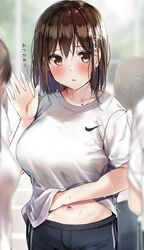 1girls 2021 bare_arms blurry blurry_background blush breasts brown_eyes brown_hair clothing eyebrows_visible_through_hair female gym_shorts gym_uniform hair_between_eyes hairclip highres huge_breasts japanese_text large_breasts lifted_by_self looking_at_viewer matching_hair/eyes mole mole_on_body navel nike open_mouth original outdoors pov rouka_(akatyann) shirt shirt_lift shorts solo_focus standing sweat sweatdrop sweating text tongue translated waving