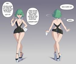 1girls ass big_ass bimbo breasts earring earrings english_text female female_only green_hair high_heels hoop_earrings hoop_earrings_oversized jewelry looking_at_viewer one-punch_man open_mouth platform_heels sealguy silver_jewelry solo solo_female speech_bubble stiletto_heels talking_to_viewer tatsumaki text thick_thighs very_high_heels wide_hips