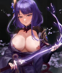 1girls areolae breasts breasts_out erect_nipples female female_focus female_only genshin_impact highres kimono large_breasts looking_at_viewer maqin nipples no_bra purple_eyes purple_hair raiden_shogun seductive seductive_look sword