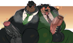 anthro anthro_on_anthro balls big_balls big_penis black_body black_fur black_hair black_suit bodily_fluids cigar clothing drooling duo eyewear fan_character fur genitals glasses green_clothing group_masturbation hadou hadou_(satsui-n0-had0u) hair hi_res huge_cock hypnosis male male/male mammal masturbation mind_control necktie overweight overweight_anthro overweight_male penile penile_masturbation penis ringed_eyes saliva satsui-n0-had0u smoke_from_nose steve_jovonovich tongue tongue_out ursid