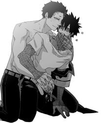 2boys arm_around_partner atsuhiro_sako barely_visible_genitalia black_hair blush bodily_fluids burn_scar clothing cum dabi fingers_in_mouth from_behind gay genital_fluids genitals greyscale hand_on_penis handjob kneeling male male/male male_only monochrome mr._compress my_hero_academia on_knees penis penis_grab precum precum_bubble robotic_arm sako_atsuhiro saliva scar scars shirtless todoroki_touya touya_todoroki unoirhero yaoi