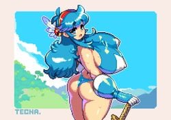 1girls ass bare_thighs big_breasts blue_hair erect_nipples_under_clothes huge_breasts original pixel_art solo solo_female tagme tecna_(yumurama) thick thick_thighs tight_clothing yumurama