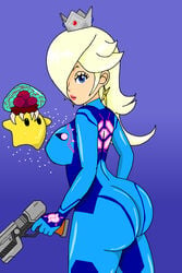 1boy 1girls alternate_costume ass bimbo blonde_hair blue_eyes bodysuit bubble_ass bubble_butt chiboy622 clothed clothing crossover crown dat_ass ear_piercing female gun hair_over_one_eye holding holding_gun holding_object holding_weapon lipstick looking_at_viewer luma mario_(series) medium_hair metroid metroid_(creature) nintendo nipples_visible_through_clothing princess_rosalina samus_aran_(cosplay) seductive sideboob skyfall1999 super_mario_galaxy weapon white_skin zero_suit