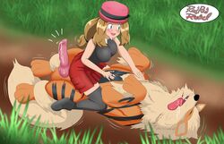 1boy 1girls animal_genitalia animal_penis arcanine big_breasts blue_eyes blush breasts brown_hair canine canine_penis cowgirl_position erection feral hat interspecies knot large_breasts long_hair nintendo pokemon pokemon_(species) pokemon_rgby pokemon_xy pokephilia precum redradrebel serena_(pokemon) tease teasing thick_thighs thighs