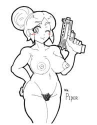 1girls brawl_stars breasts dat_ass female gun hairy_pussy happy hidemaru_kyu large_ass large_breasts monochrome naked nipples nude paintchat piper_(brawl_stars) pubic_hair smile