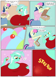 anthro big_breasts bonbon_(mlp) box breast_grab breast_play breast_squish breasts container cupcake duo english_text equid equine european_mythology female female/female food friendship_is_magic hand_on_breast hasbro hi_res horse huge_breasts human humanoid hyper hyper_breasts lyra_heartstrings_(mlp) mammal my_little_pony mythology necrofeline nipples pony squish text yuri