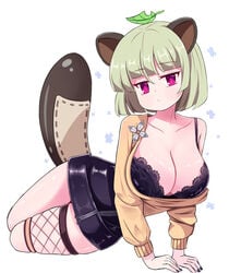 1girls adult aged_up animal_ears animal_tail big_breasts bra breasts fishnets genshin_impact green_hair lace lingerie purple_eyes sayu_(genshin_impact) sseopik thick_thighs thighs