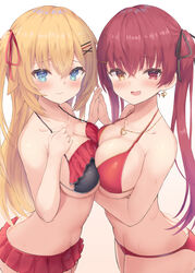 2021 2girls absurdres akai_haato bangs bare_arms bare_shoulders bikini bikini_skirt black_bikini black_ribbon blonde_hair blue_eyes blush breast_press breasts cleavage closed_mouth collarbone earrings eyebrows_visible_through_hair frilled_bikini frills from_side gradient gradient_background hair_between_eyes hair_ornament hair_ribbon hairclip halter_top halterneck heart heart_earrings heart_necklace heterochromia highres holding_hands hololive hololive_fantasy hololive_gen_1 hololive_japan houshou_marine jewelry large_breasts long_hair looking_at_viewer looking_to_the_side multiple_girls necklace nekohuman221_(tsun221) oerba_yun_fang open_mouth red_bikini red_eyes red_hair red_ribbon ribbon simple_background skin_fang smile swimsuit symmetrical_docking twintails two_side_up virtual_youtuber wet white_background x_hair_ornament yellow_eyes