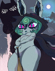 absurd_res angry anthro areola breasts cazinkwolf clothing digital_drawing_(artwork) digital_media_(artwork) disgust duo female genitals goth green_hair grey_body hair hi_res holding_object holding_weapon hood hoodie league_of_legends makeup mammal pink_eyes pussy riot_games shaded shadow shadow_(lol) shadow_creature signature solo source_request spirit standing topwear vex_(league_of_legends) video_games weapon yordle