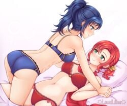 2girls abs ass back bare_back big_ass blue_hair blue_panties breasts female_only fire_emblem fire_emblem:_new_mystery_of_the_emblem fire_emblem:_shadow_dragon green_eyes hand_holding kris_(female)_(fire_emblem) kris_(fire_emblem) lewdlilies lingerie looking_at_another medium_breasts medium_hair multiple_girls nintendo norne_(fire_emblem) on_back on_bed panties picot_trim picot_trim_bra picot_trim_panties pillow ponytail red_hair red_panties short_hair smile underwear yuri