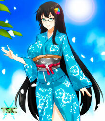 black_hair breasts clothing female flower flower_in_hair flowerensia_floreopia glasses green_eyes logo long_hair mature_female original original_character outside robe sacredcourage smile solo solo_female the_legendary_tauran'creima the_legendary_tauran'creima:_star_beings_of_the_universe