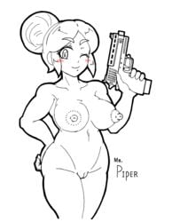 1girls brawl_stars breasts dat_ass female gun happy hidemaru_kyu large_ass large_breasts monochrome naked nipples nude paintchat piper_(brawl_stars) smile