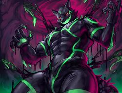 anthro black_body black_ears black_goo bulge canid canine canis claws clothed clothing domestic_dog erection erection_under_clothing finger_claws fur genital_outline green_body green_claws green_eyes live-a-hero looking_at_viewer male male_only mammal monomasa nurinaki penis_outline red_sclera solo video_games