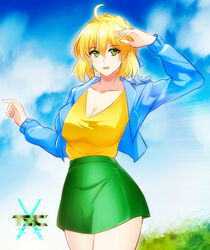 blonde_hair breasts curvy earrings female green_eyes hair_ribbon helinara_zetesteen light-skinned_female logo looking_at_viewer original original_character pointing sacredcourage short_hair smile solo solo_female the_legendary_tauran'creima the_legendary_tauran'creima:_star_beings_of_the_universe