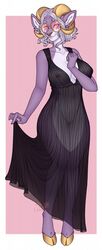 anthro bovid breasts caprine facial_piercing female fur genitals goat gown hair hi_res kaia_(mylirith) lepidosa mammal nipple_piercing nipples nose_piercing nose_ring piercing pink_nipples purple_body purple_fur pussy solo translucent white_hair