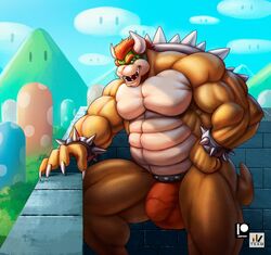 anthro balls_outline bara biped blue_sky bowser bracelet brick_wall bulge claws clothed clothing cloud eyebrows finger_claws genital_outline hair hi_res hill horn jewelry koopa male male_focus male_only male_solo manly mario_(series) musclegut muscular muscular_anthro muscular_male nexus nintendo open_mouth outside patreon patreon_logo pecs penis_outline red_clothing red_hair red_underwear scales scalie sharp_teeth shell sky solo solo_male spiked_bracelet spiked_shell spikes spikes_(anatomy) super_mario_bros. teeth topless underwear video_games wall_(structure) watermark yellow_body yellow_scales