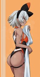 absurdres arm_up ass bangs bare_shoulders bea_(pokemon) black_bodysuit black_hairband bodysuit breasts breath cowboy_shot creatures_(company) dark-skinned_female dark_skin facing_to_the_side female game_freak gloves grey_eyes grey_hair gym_leader hairband highres holding kobi420 large_breasts looking_to_the_side muscular muscular_female nintendo open_mouth orange_background pokemon pokemon_(game) pokemon_ss shirt short_hair short_sleeves shorts simple_background solo sweat symbol-only_commentary thigh_strap thighs towel