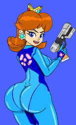 1girls ass bimbo blue_background blue_bodysuit blue_eyes bodysuit breasts brown_hair bubble_ass bubble_butt chiboy622 clothed clothing cosplay crossover crown ear_piercing female female_only flower flower_earrings gun holding holding_gun holding_object holding_weapon lipstick looking_at_viewer looking_back mario_(series) metroid naughty_face nintendo open_mouth princess_daisy samus_aran_(cosplay) seductive seductive_smile short_hair sideboob simple_background skyfall1999 solo standing thick_ass tight_clothing weapon white_skin zero_suit