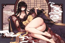 1girls ass barefoot big_ass big_breasts breasts cleavage feet female hime_cut iwbitu japanese_clothes kimono kiseru large_breasts solo toes yuuko_ichihara