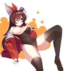 1girls amber_(genshin_impact) big_breasts breasts brown_hair bunny_ears bunny_girl bunny_tail genshin_impact nipples noodychaan thick_thighs thighhighs thighs wink yellow_eyes