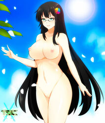 areolae black_hair breasts female flower flower_in_hair flowerensia_floreopia green_eyes logo long_hair nipples nude nude_female original original_character outside pussy sacredcourage smile solo solo_female the_legendary_tauran'creima the_legendary_tauran'creima:_star_beings_of_the_universe