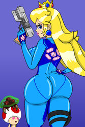 1boy 1girls 1other alternate_costume ambiguous_gender ass blonde_hair blue_background blue_bodysuit blue_eyes bodysuit breasts bubble_butt chiboy622 clothed clothing cosplay crossover crown dat_ass ear_piercing female female_focus freckles fully_clothed gun hand_on_hip heart heart-shaped_pupils heart_eyes holding holding_gun holding_object holding_weapon lipstick long_hair looking_at_viewer male mario_(series) medium_hair metroid metroid_(creature) naughty_face nintendo princess_peach samus_aran_(cosplay) seductive seductive_smile sideboob simple_background skyfall1999 standing tight_clothing toad_(mario) weapon white_skin zero_suit