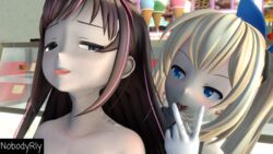 2girls 3d cum_on_fingers kizuna_ai mirai_akari nobodyrly_(artist) sfm virtual_youtuber yuri