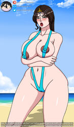 1girls beach bikini brown_hair cameltoe dark_nipples erect_nipples greek_mythology green_eyes hera_(greek_mythology) hera_(smite) huge_breasts jewelry large_breasts lipstick long_hair looking_at_viewer nipple_bulge pokies smite string_bikini summer theobscureone tiara