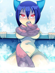 2017 blue_hair breasts character_request color colored convenient_censoring dalley_le_alpha female female_only glowing_eyes hot_tub long_tongue original original_character red_eyes short_hair thick_thighs thighs underboob water