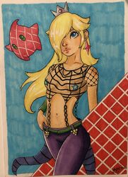 1girls artist_signature belly_button blonde_hair commission commissioner_upload cosplay covered_nipples crossover diavolo diavolo_(cosplay) earrings female female_focus female_only fishnets hair_over_one_eye jojo's_bizarre_adventure king_crimson luma mario_(series) pasties princess_rosalina purple_pants shirtless stand_(jjba) star_pasties super_mario_galaxy vento_aureo