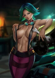 1girls abs bare_arms bare_breasts bare_midriff bare_shoulders big_breasts breasts busty chin_length_hair choker cleavage curves curvy curvy_body curvy_female curvy_figure curvy_hips detailed_background felox08 female female_focus female_only fit fit_female goggles goggles_around_neck green_eyes green_hair happy_female hips jak_and_daxter keira_hagai large_breasts midriff no_bra pants pointy_ears pulling_clothing purple_pants sole_female solo solo_female straps tagme toned toned_female tools topless wide_hips wrench