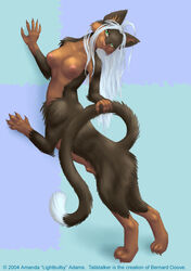 2004 amanda_adams animal_genitalia anthro black_body black_fur breasts chakat chakat_tailstalker claws english_text felid felid_taur fur futanari genitals green_eyes gynomorph hair holding_tail intersex mammal mammal_taur nipples nude pink_nose sheath solo taur text white_hair