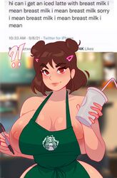 1girls apron cleavage exposed_nipples female female_focus hair_bun hairclip hornyx hourglass_figure huge_breasts humor iced_latte_with_breast_milk light-skinned_female light_skin looking_at_viewer meme naked naked_apron nipple_slip pen shiny_skin voluptuous wide_hips