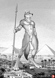 2021 4_toes 5_fingers abs animal_genitalia anisis ankh anthro armband armor athletic athletic_anthro athletic_male balls boat bracers canid canine canis claws deity digital_media_(artwork) digitigrade ear_piercing egyptian feet finger_claws fingers fully_sheathed fur furry genitals greyscale hi_res hindpaw holding_object holding_spear holding_weapon humanoid_hands jackal jewelry legband macro male male_focus mammal melee_weapon monochrome navel necklace nude pawpads paws piercing polearm pyramid river sheath signature solo_focus spear standing tail toe_claws toes vehicle watercraft weapon