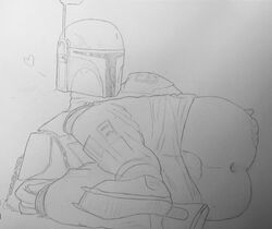 1boy 2d anus armor ass boba_fett boots clothed clothing footwear gilbertalove greyscale hand_on_ass heart helmet human human_only lying male male_focus male_only mandalorian_armor mandalorian_helmet monochrome on_side pants pants_down shoes solo solo_focus solo_male spiked_boots star_wars traditional_media_(artwork)