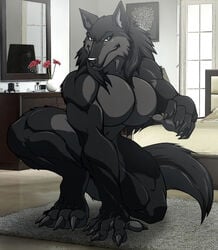 2011 4_toes 5_fingers anthro anthro_only arm_support big_breasts canid canine crouching featureless_breasts feet female fingers grey_fur mika_(walter_sache) muscular muscular_anthro muscular_female no_nipples nude paws spread_legs spreading walter_sache wolf