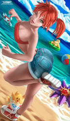 1girls 2d adapted_costume ass asymmetrical_hair bandeau bare_arms bare_legs beach bikini_top blush breasts clothing curvaceous dat_ass denim denim_shorts female female_only female_solo footwear goldeen green_eyes high_resolution hips izhardraws kasumi_(pokemon) large_filesize legs looking_at_viewer medium_breasts misty_(pokemon) one_eye_closed orange_hair pokemon pokemon_rgby ponytail psyduck red_hair shoes short_hair short_shorts shorts side_ponytail solo source_request starmie thick_thighs thighs tied_hair tight_clothes togepi very_high_resolution water wide_hips wink