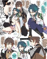 2boys adeptus adult black_hair blush brown_hair chinese_clothes crying cum dacryphilia dialogue egg egg_laying eggs english_text gay genshin_impact green_hair infertile_eggs kanatia110 male teal_hair xiao_(genshin_impact) yellow_eyes zhongli_(genshin_impact)